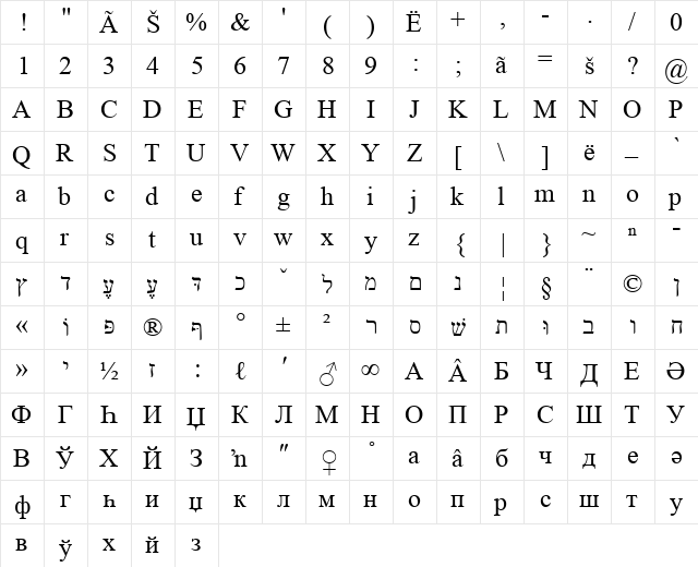 Zemanho ye Darseni Regular  glyph index