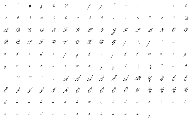 OPTI Original Script  glyph index