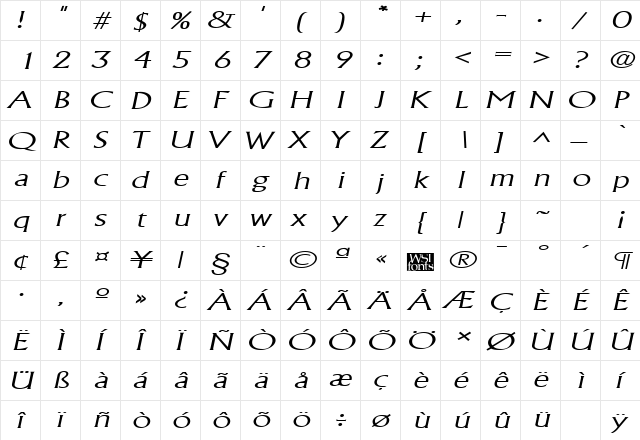 AlbertaWideExtralight Italic  glyph index