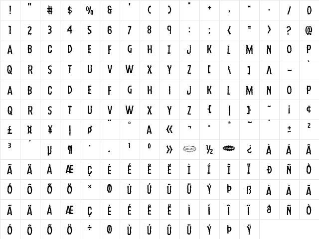 Ampire Staggered Regular  glyph index