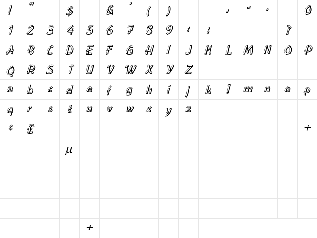Boohoo 3 Italic  glyph index