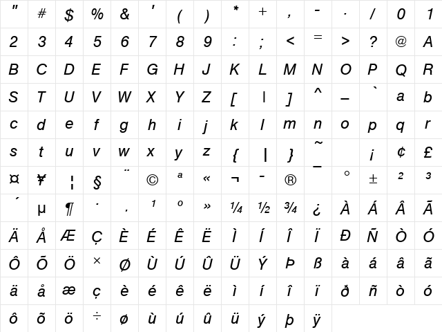 Nimbus Sans Becker T Italic  glyph index