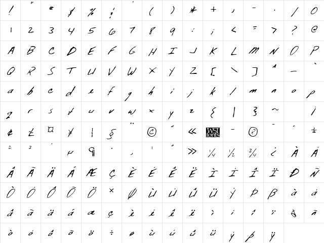 FiniansHand Regular  glyph index