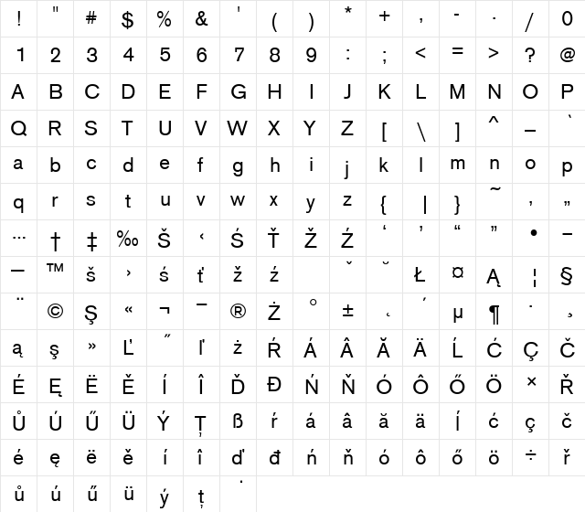 AcciuTEE Regular  glyph index