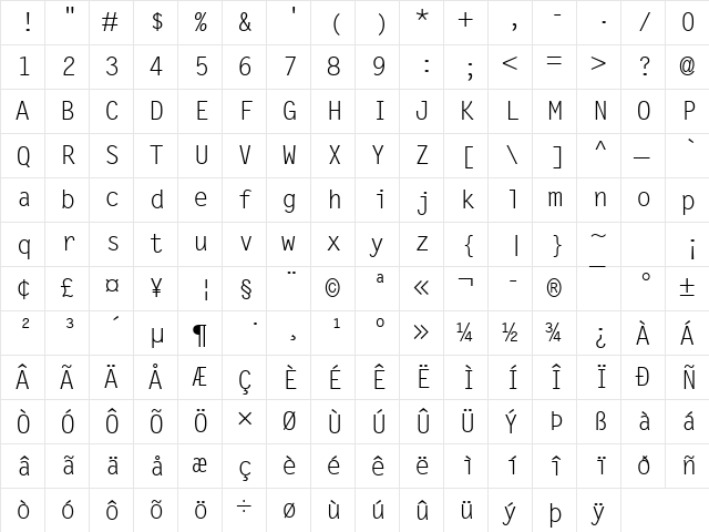 Letter Gothic Regular  glyph index