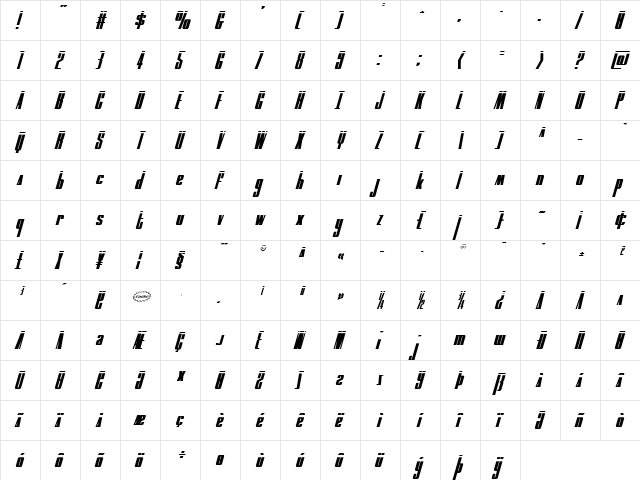 MOON Runner Laser Italic Italic  glyph index