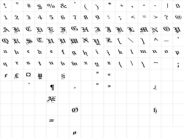 Old English Wd Lefti Regular  glyph index