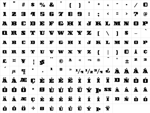 Buckeroo ITC Regular  glyph index