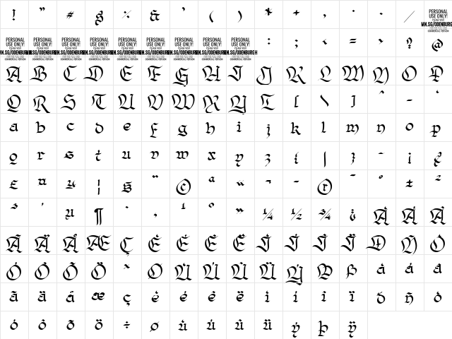 Odenburgh PERSONAL USE ONLY Regular  glyph index
