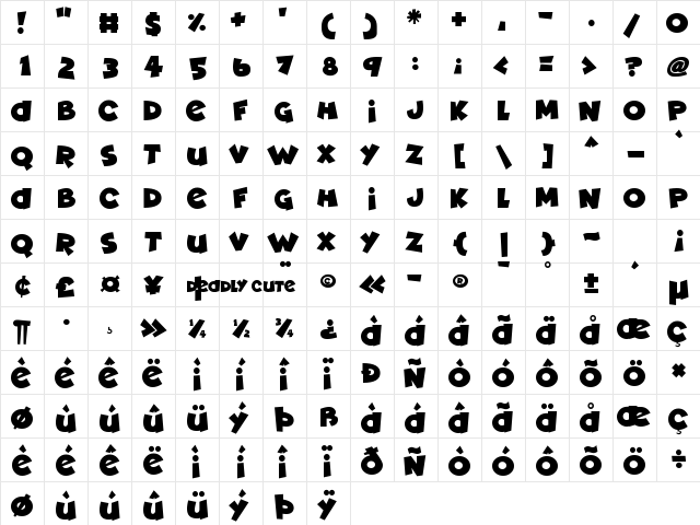 Deadly Cute Regular  glyph index