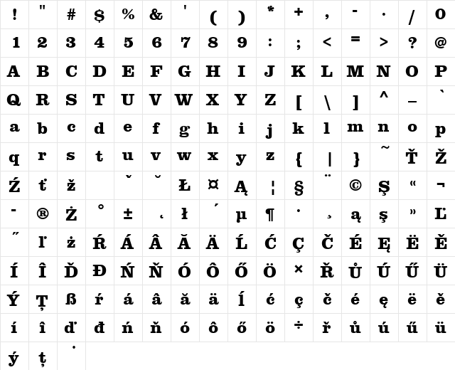 ClarendonTEEExtBol Regular  glyph index
