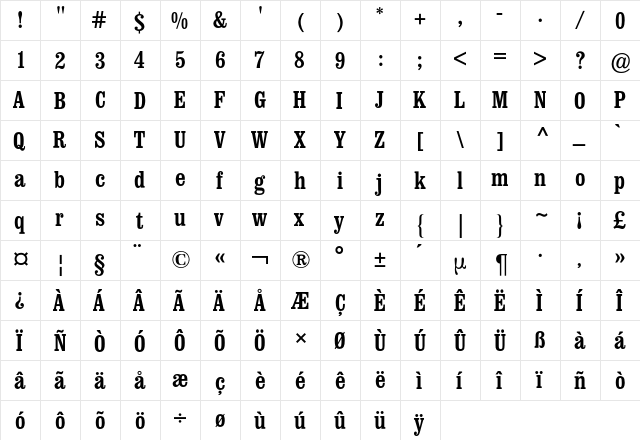 Clarendon BQ Regular  glyph index