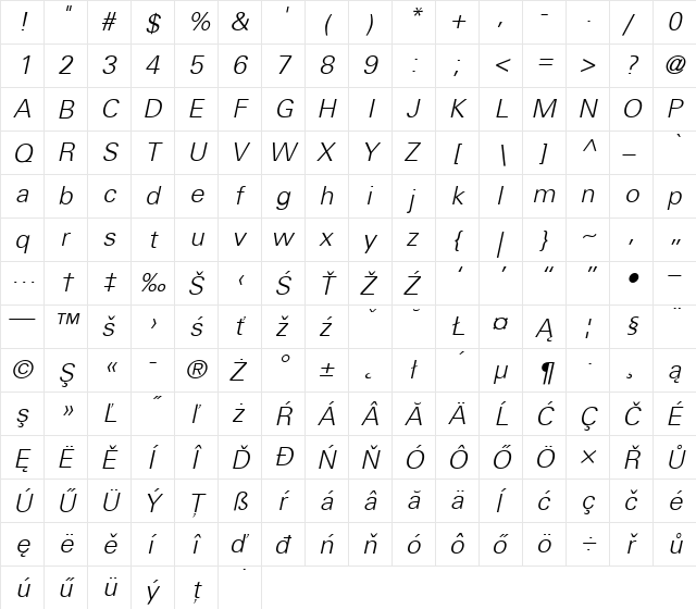 Univers CE 45 Light Italic  glyph index