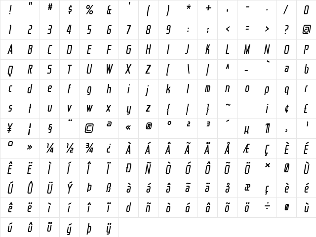 Zekton Cd Bold Italic  glyph index