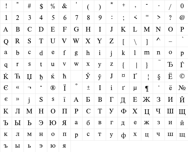 TimelessTCYLig Regular  glyph index