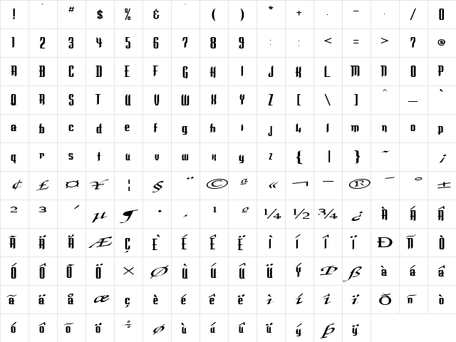 CuteEnvy127 Regular  glyph index