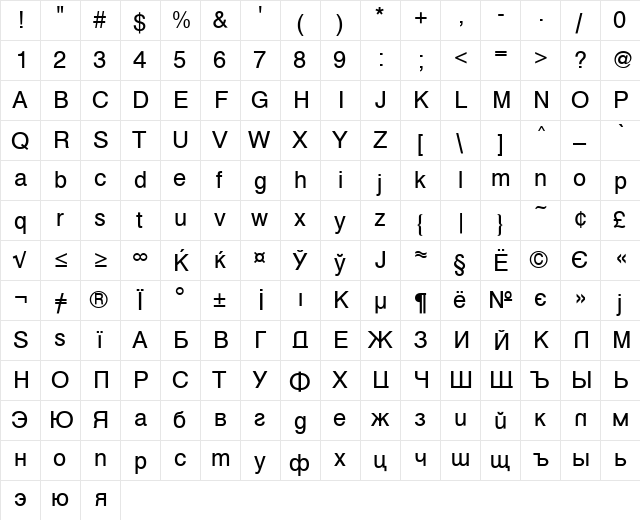 VantaPlain Regular  glyph index