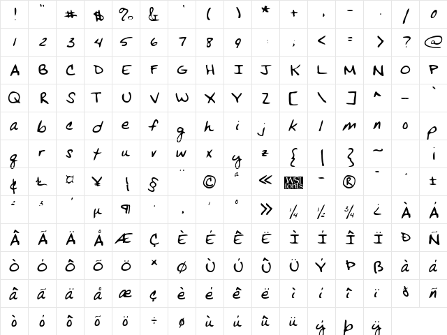 VansHand Regular  glyph index