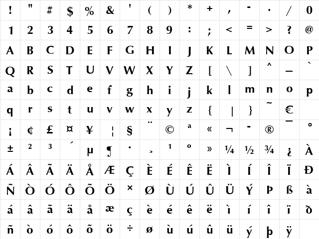 URW Classico Bold  glyph index