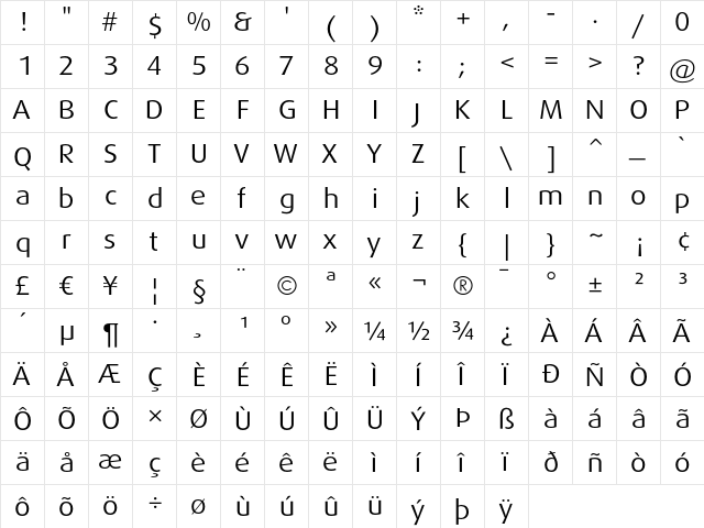 DaxWide Regular  glyph index