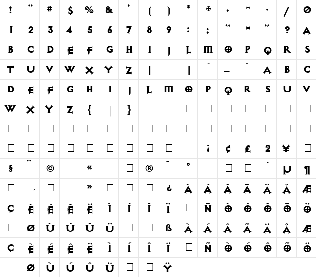 ExocetHeavy Medium  glyph index