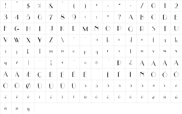 UpperEastSide Regular  glyph index