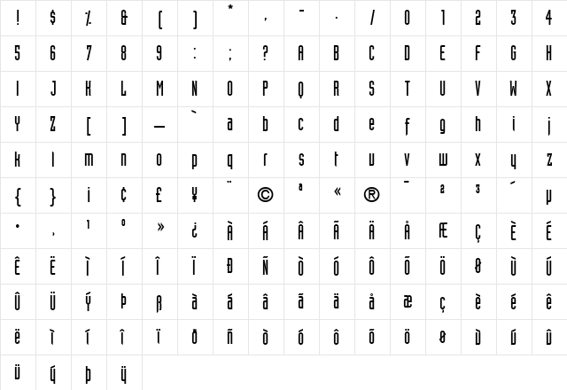 IndustriaSolid Roman  glyph index