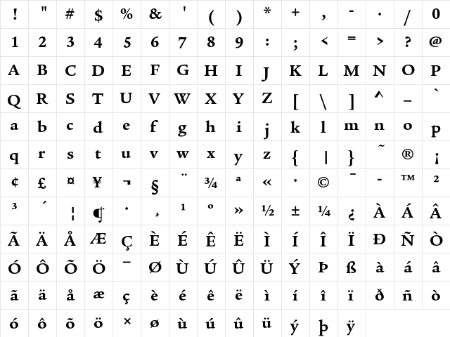 Legacy Serif ITC Bold  glyph index