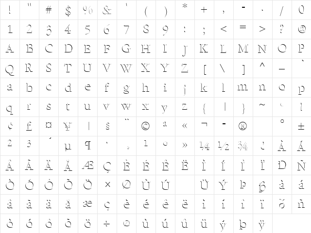 Emboss Regular  glyph index