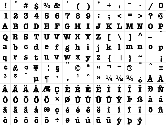 BocciText13 Regular  glyph index