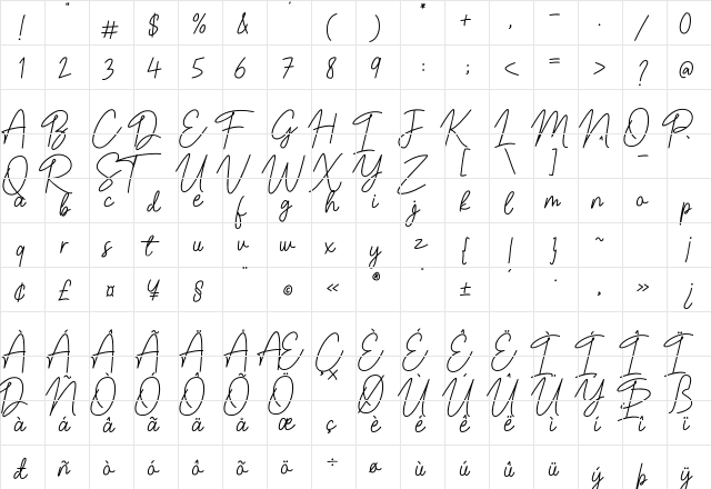 Belinday Regular  glyph index