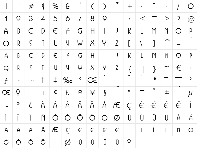 Atlantis Regular  glyph index