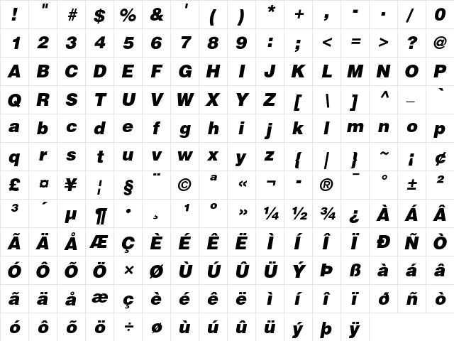 Helvetica Black Oblique  glyph index