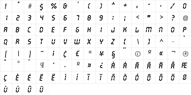 Iquartz-Bold Regular  glyph index