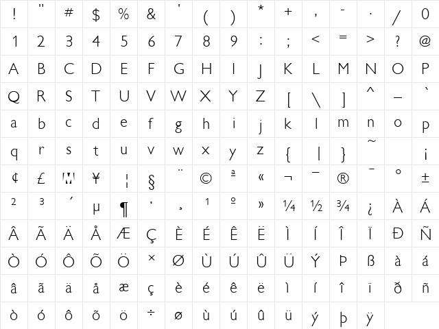ChantillyLH Light  glyph index