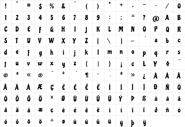 ChicleST Regular  glyph index