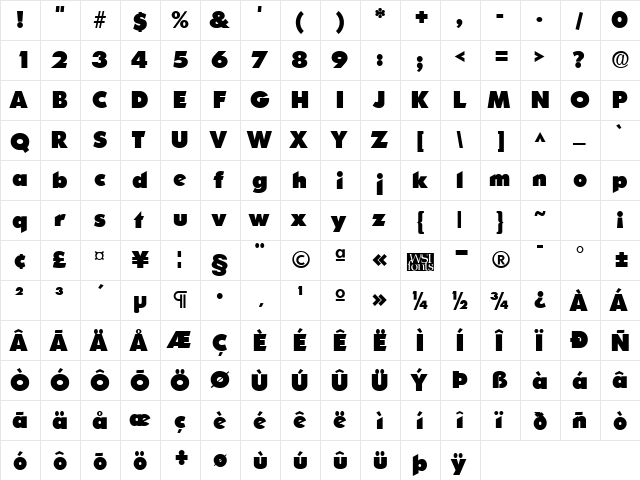 SharnayBlack Regular  glyph index
