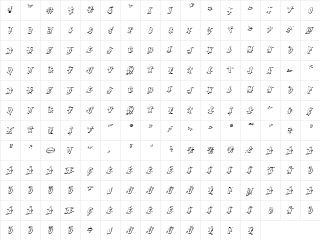 Earthshake 3D Italic Italic  glyph index
