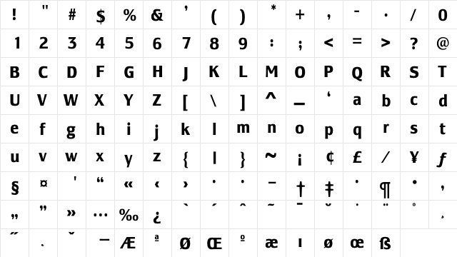 LesmoreBoldCondensed Regular  glyph index