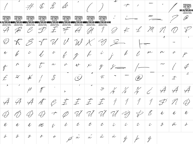 Taylor Hand Italic PERSONAL USE Regular  glyph index