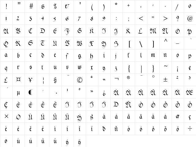 FederFrakturEF Regular  glyph index