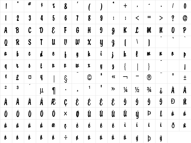 Brisk Bold  glyph index