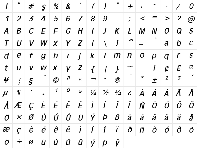 Antiqua 101 Italic  glyph index