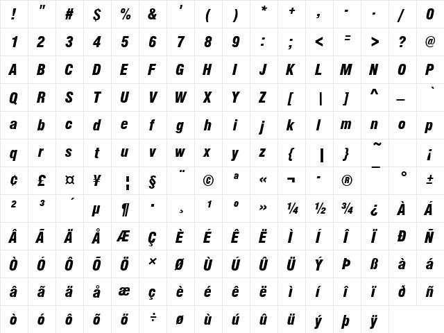 Nimbus Sans Becker DBlaCon Italic  glyph index