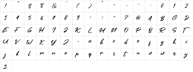 Clusive Regular  glyph index