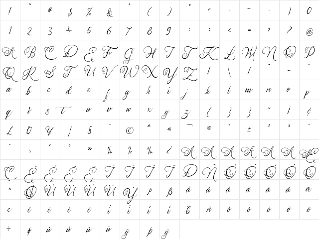 Adolle Bright Regular  glyph index