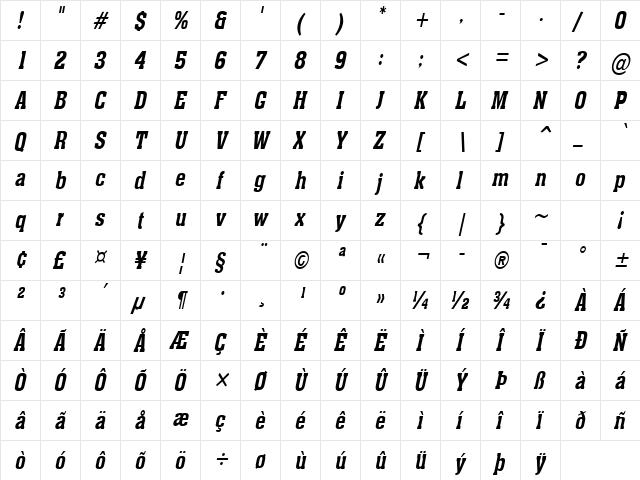 Ache-Condensed Bold Italic  glyph index