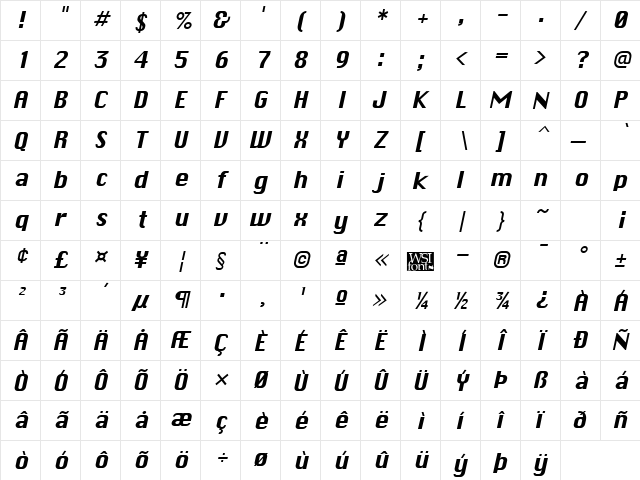 Chicane Italic  glyph index