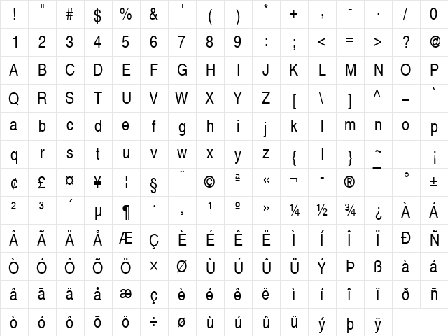 NimbusSanLCon Regular  glyph index