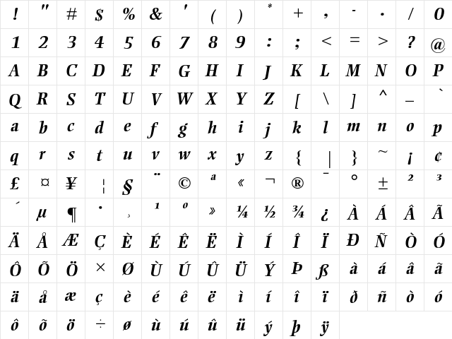 Ellington MT Bold Italic  glyph index